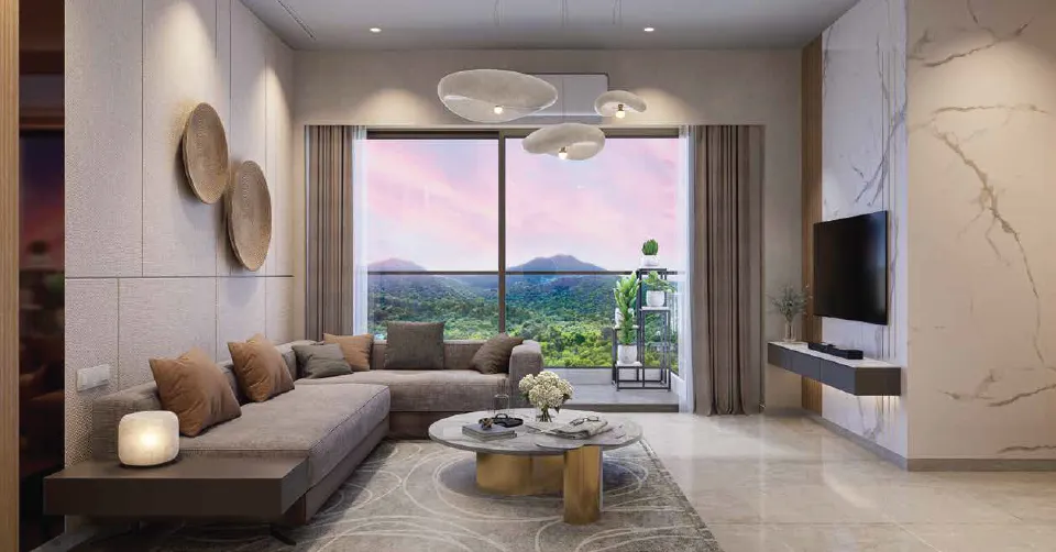 Elegant living room with blue ottoman